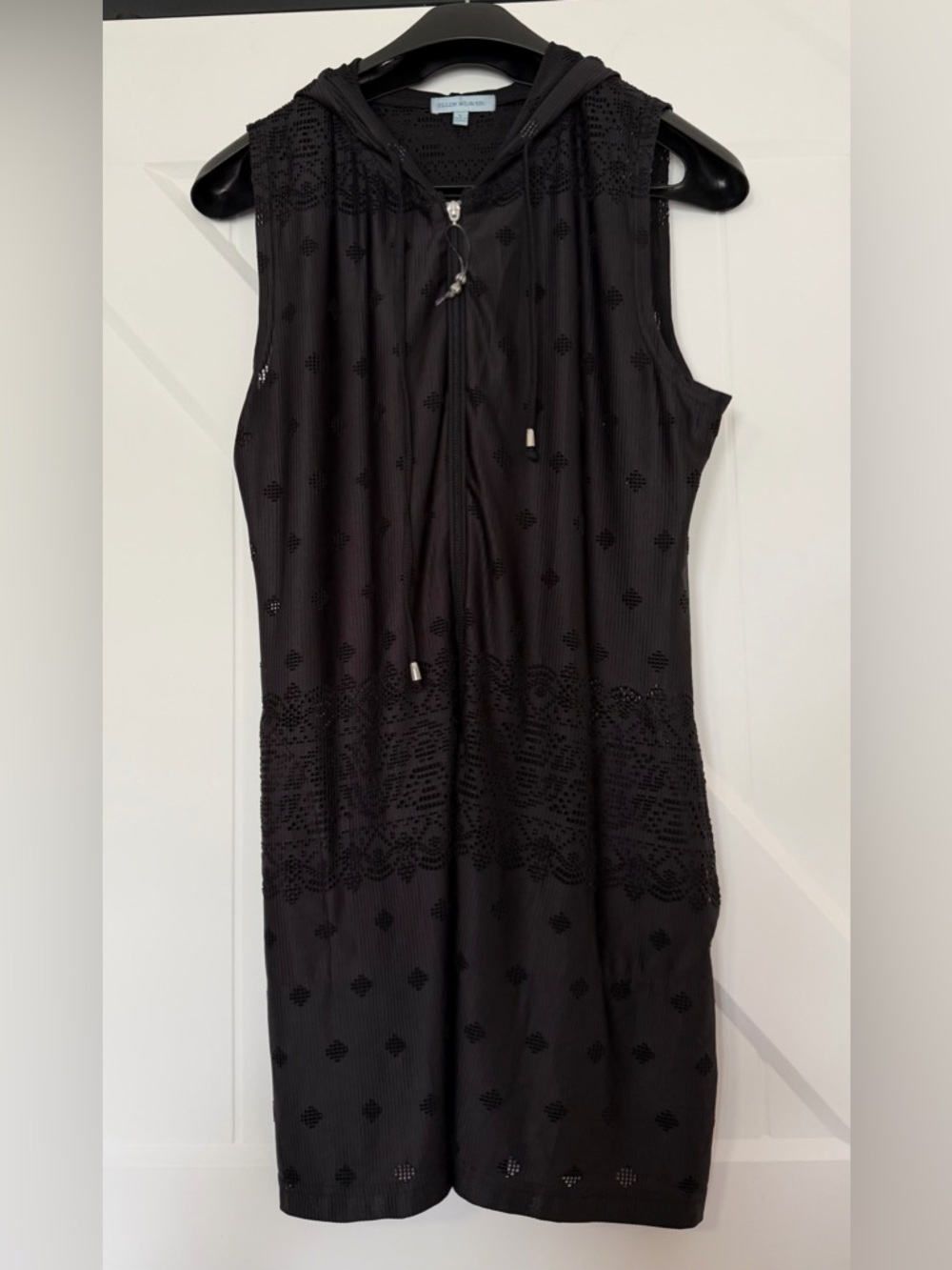 Swim Coverup Black Zip Front Sleeveless w/ Hood Mesh Lace Size L